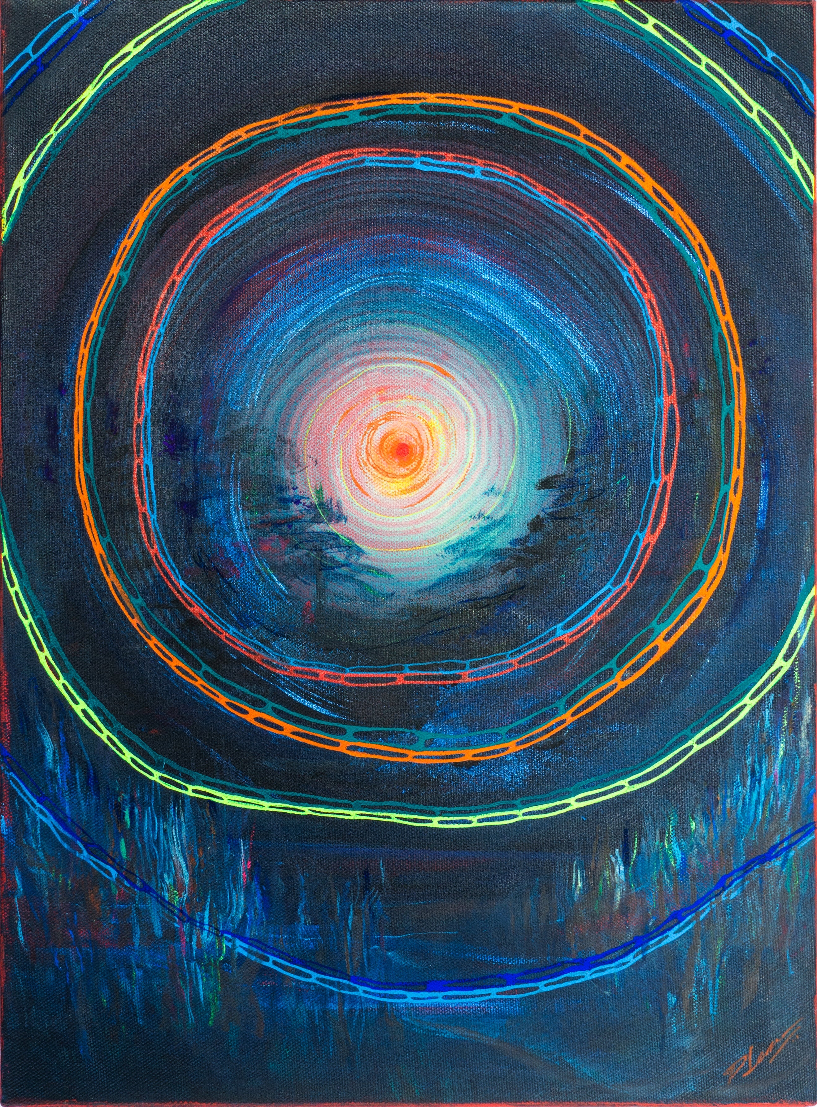 Abstract painting with concentric circular patterns in blue, orange, and green on a dark background.