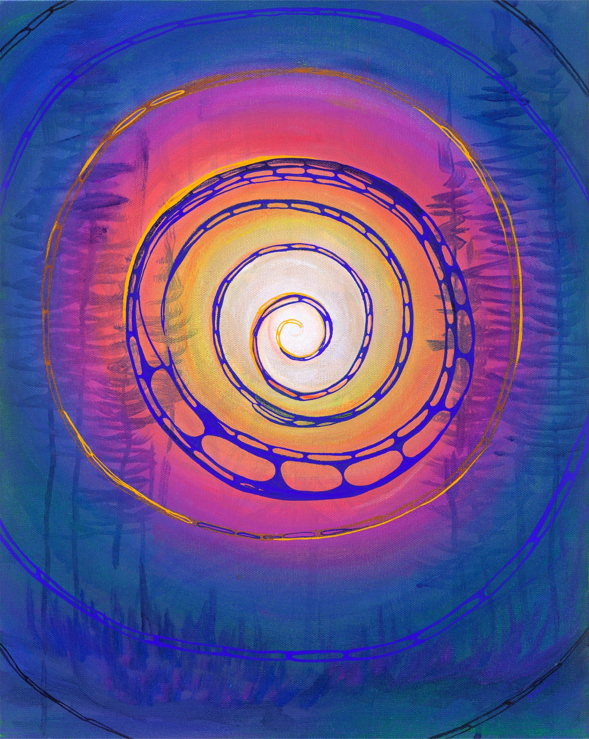 Colorful spiral design with a gradient of blue, purple, orange, and yellow.