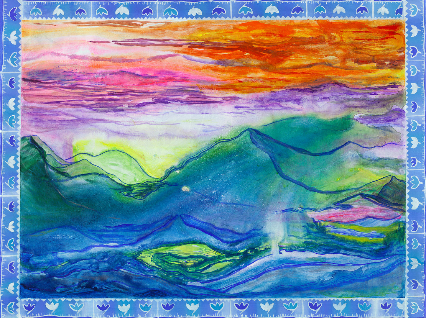 Colorful landscape painting with mountains and a sunset