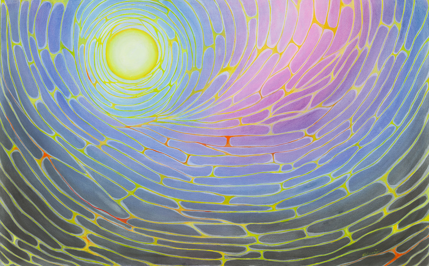 Colorful abstract pattern with concentric circles and a central light source