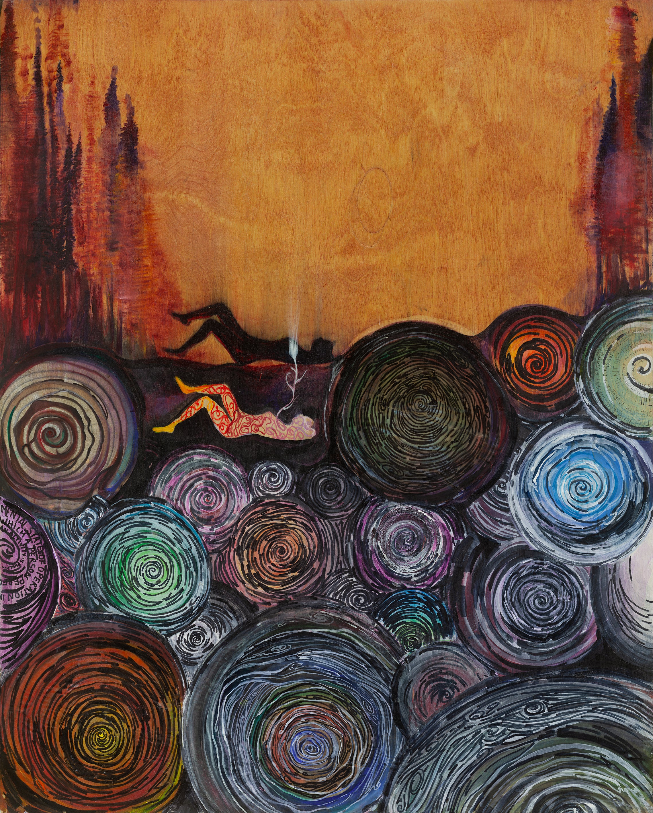 Abstract artwork with swirling colors and a silhouette of a person lying down.