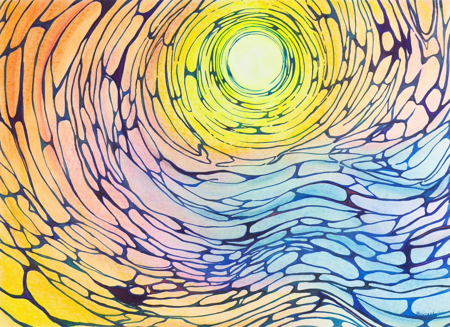 Colorful abstract pattern with concentric circles and a central light source.