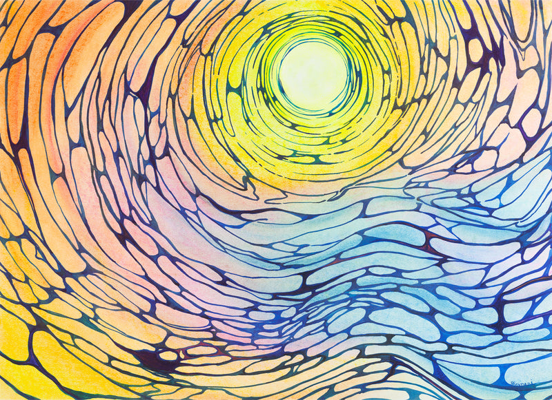 Colorful abstract pattern with concentric circles and a central light source.