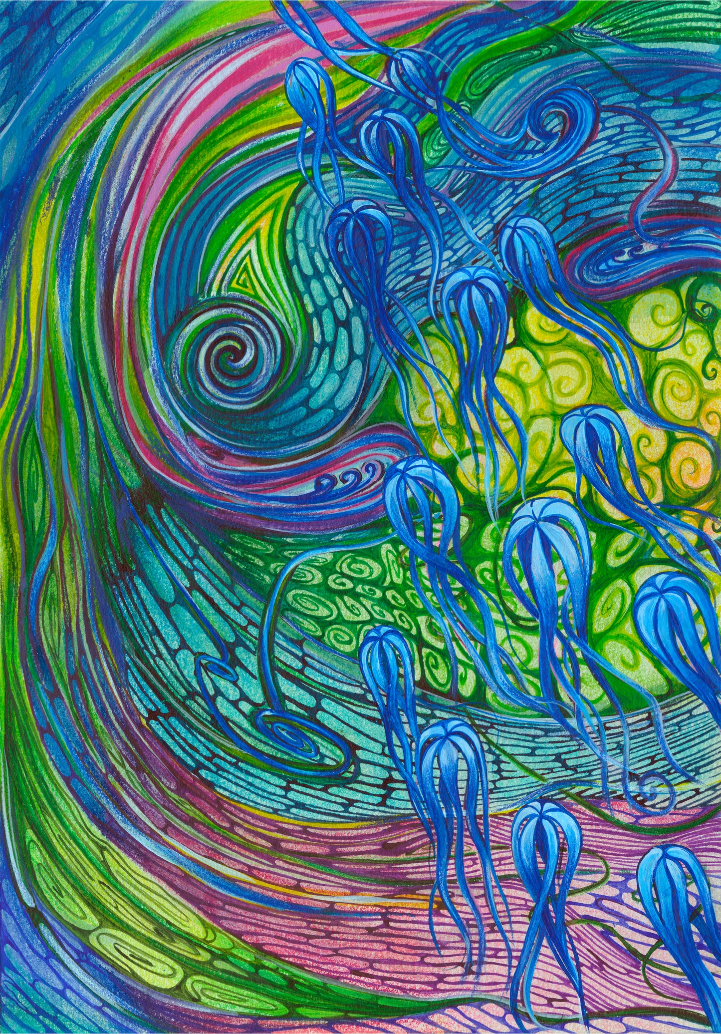Colorful abstract artwork with swirling patterns and blue jellyfish-like figures.