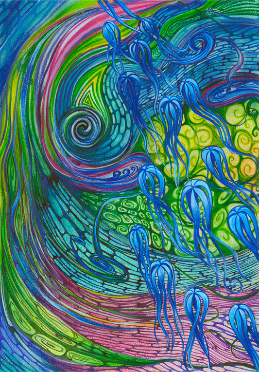 Colorful abstract artwork with swirling patterns and blue jellyfish-like figures.