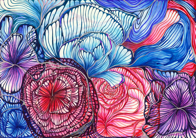Colorful abstract floral design with swirling patterns in blue, red, and purple.