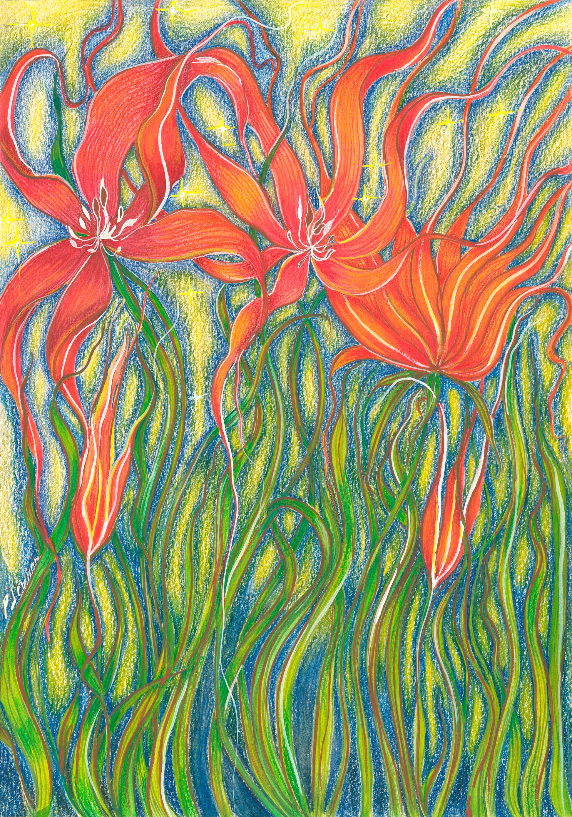 Colorful drawing of three red flowers with green leaves on a blue background
