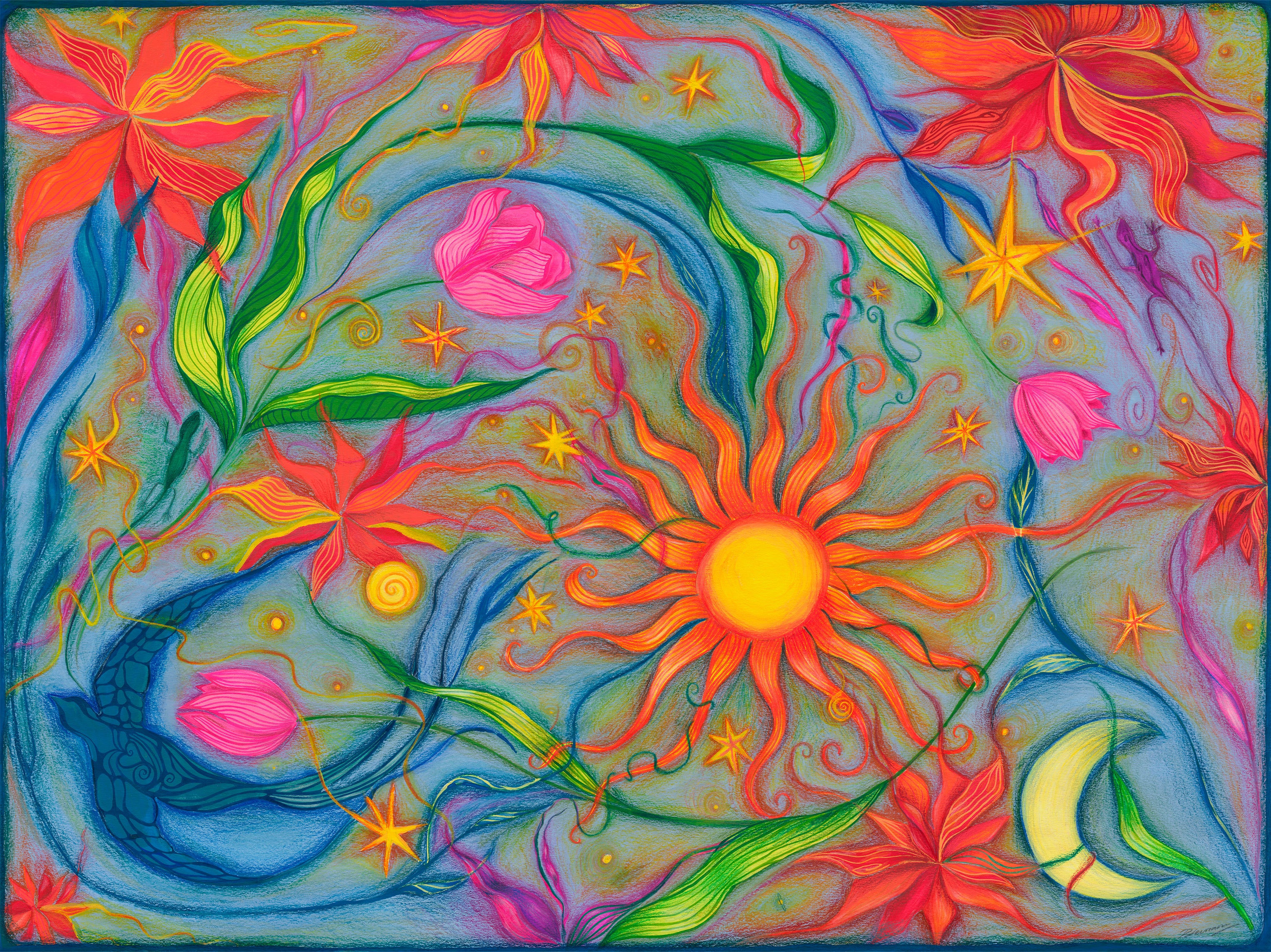Colorful abstract artwork with flowers, sun, and moon.