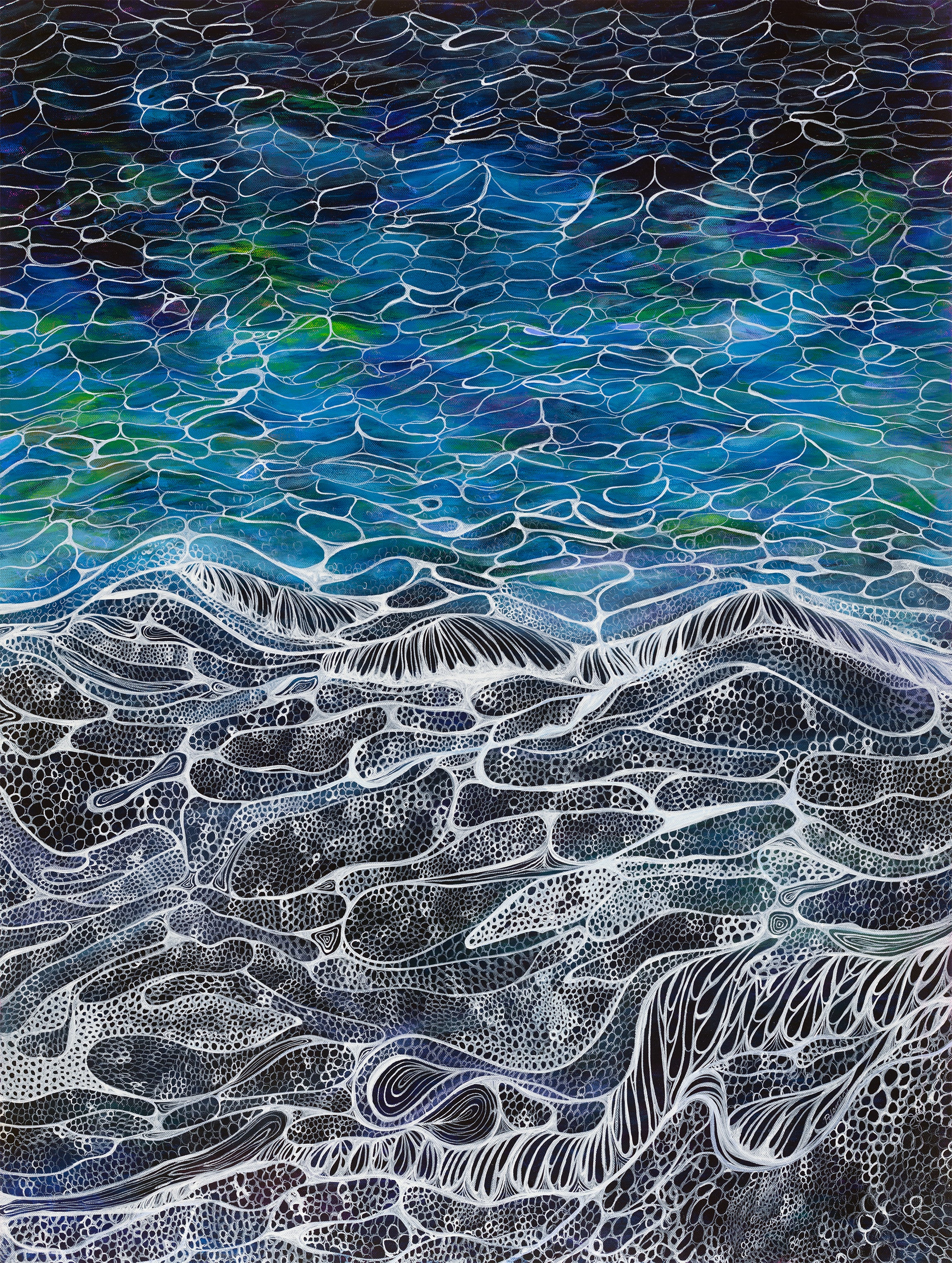 Abstract artwork with wavy patterns in blue, green, and black.