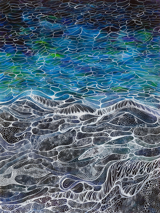 Abstract artwork with wavy patterns in blue, green, and black.