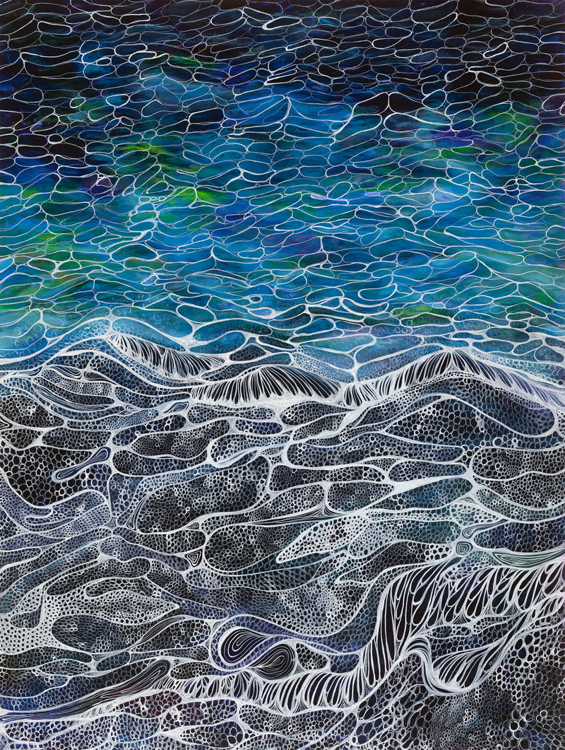 Abstract artwork with wavy patterns in blue, green, and black.