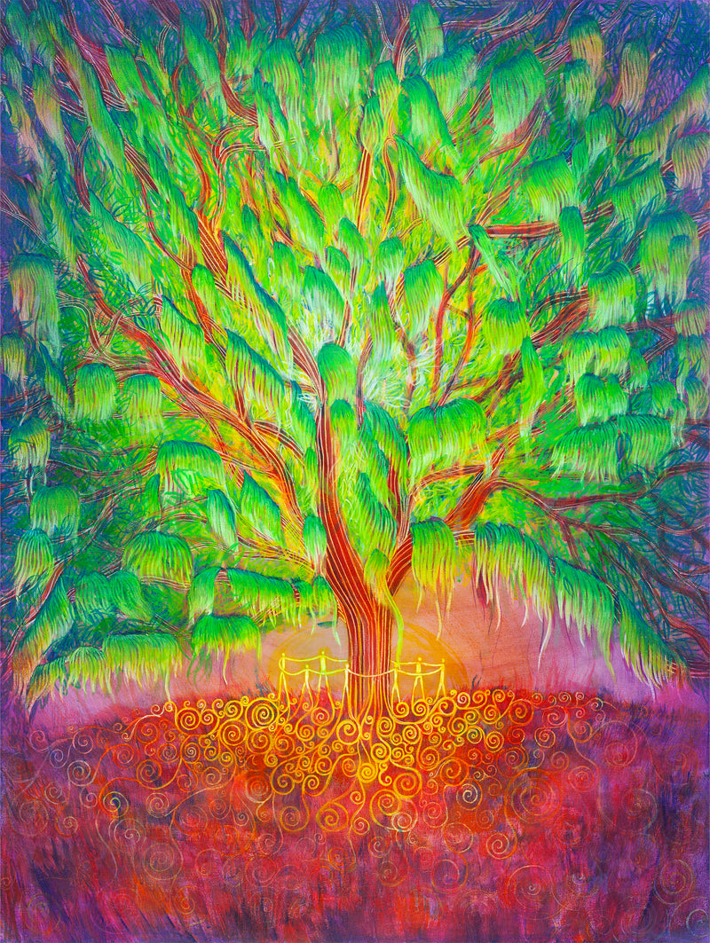 Colorful abstract painting of a tree with vibrant greens, reds, and purples.