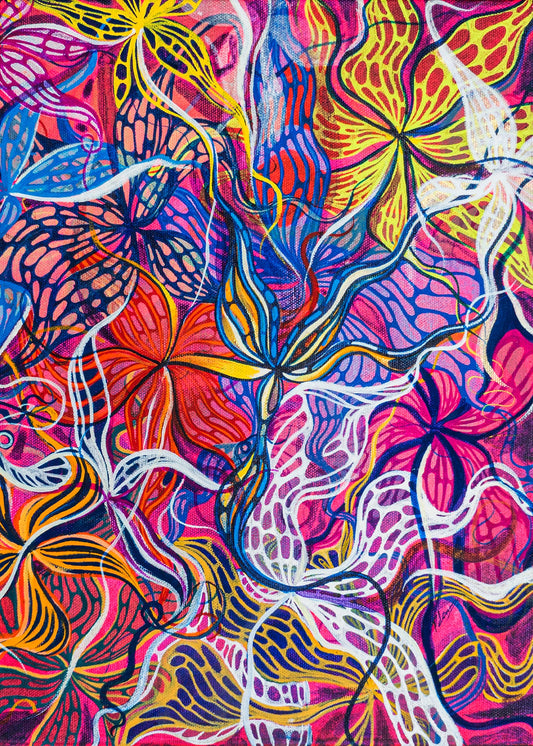 Colorful abstract pattern with flowers and leaves on a canvas background