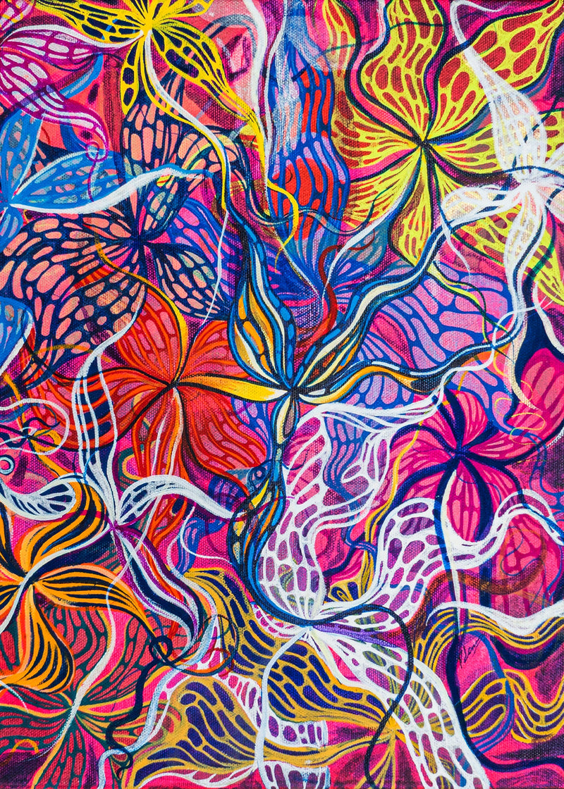 Colorful abstract pattern with flowers and leaves on a canvas background