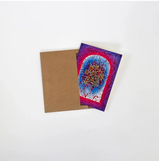 Floral print club print on a white background, coming out of brown envelope.