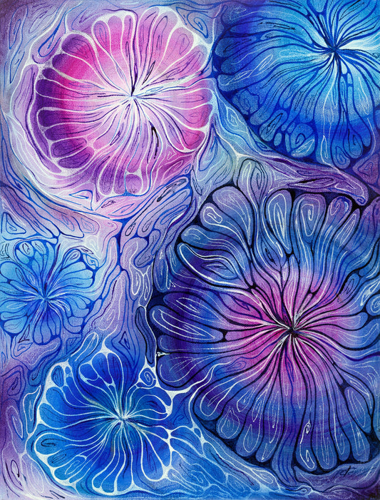 Abstract artwork with swirling blue and pink patterns