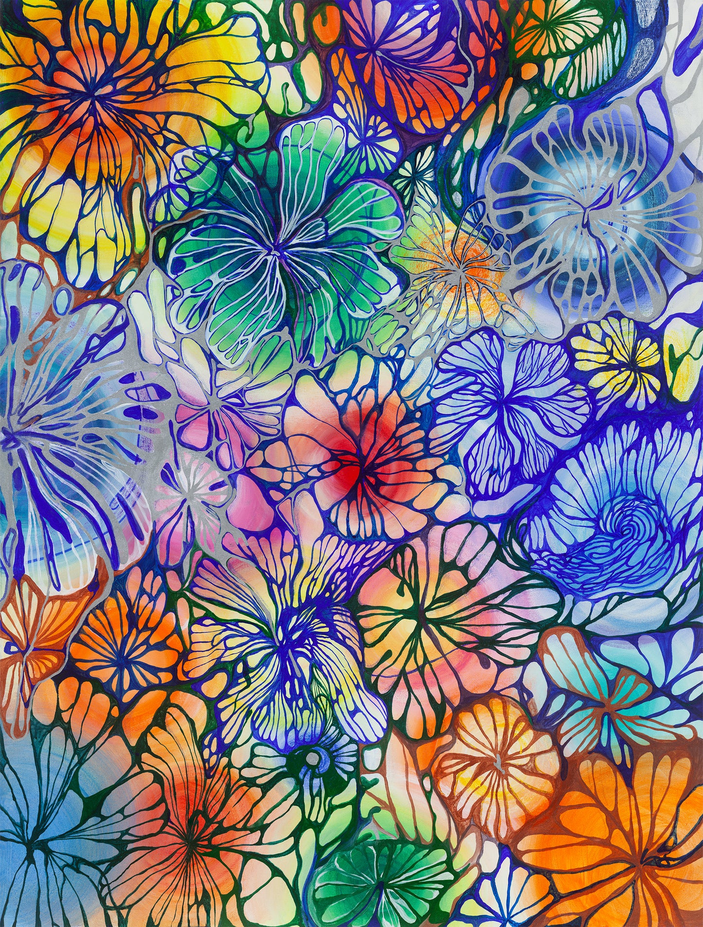Colorful floral pattern with a mix of blue, orange, green, and purple.