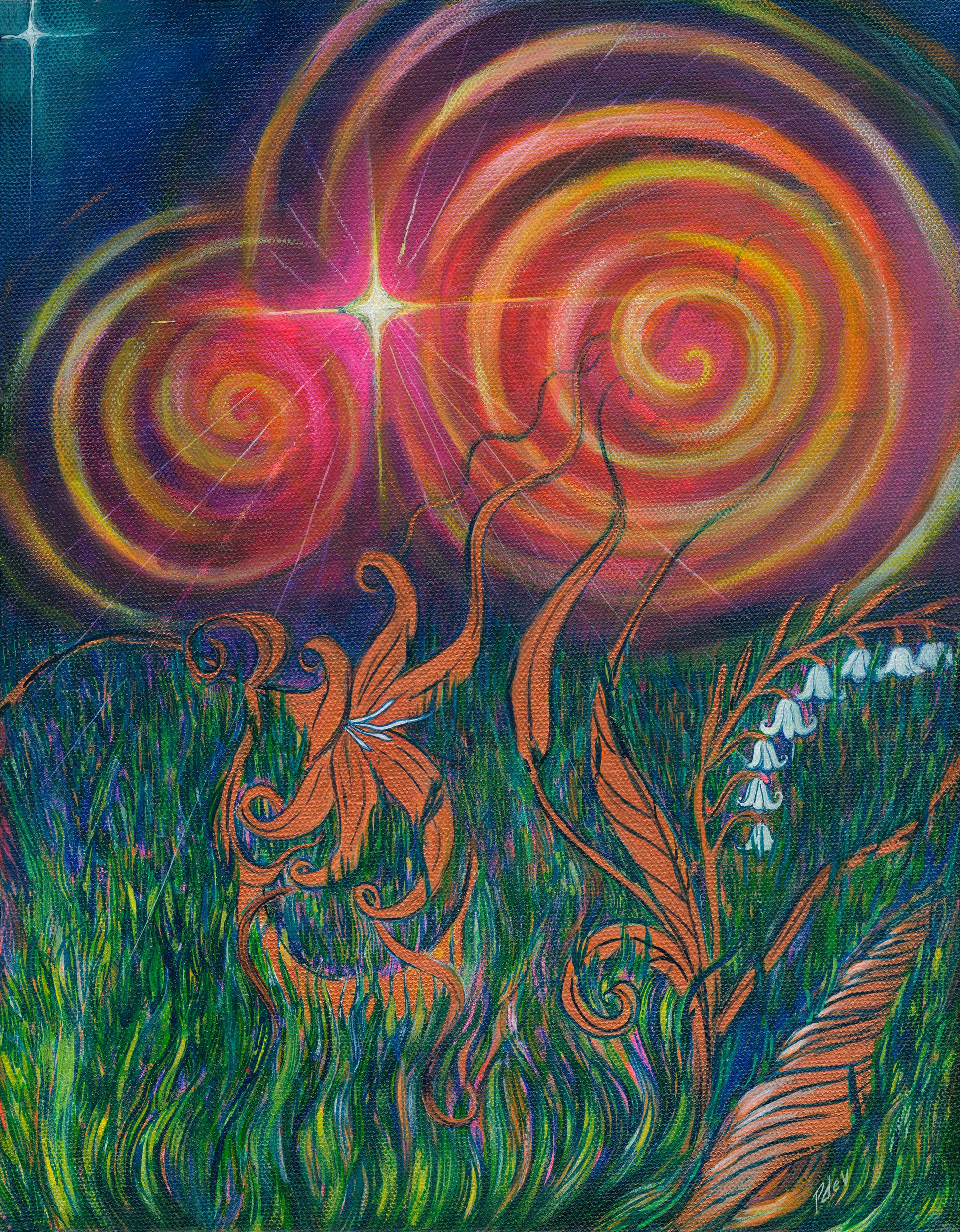 Colorful abstract artwork with a butterfly and spiral design