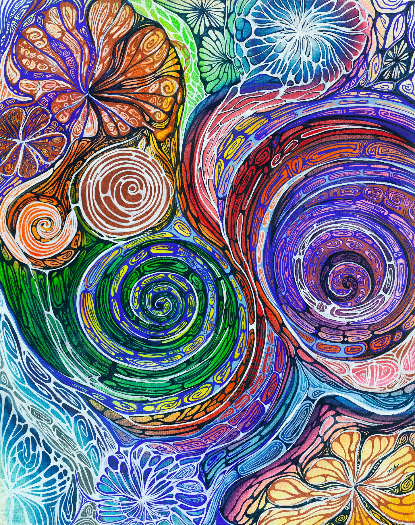 Colorful abstract artwork with swirling patterns and floral elements