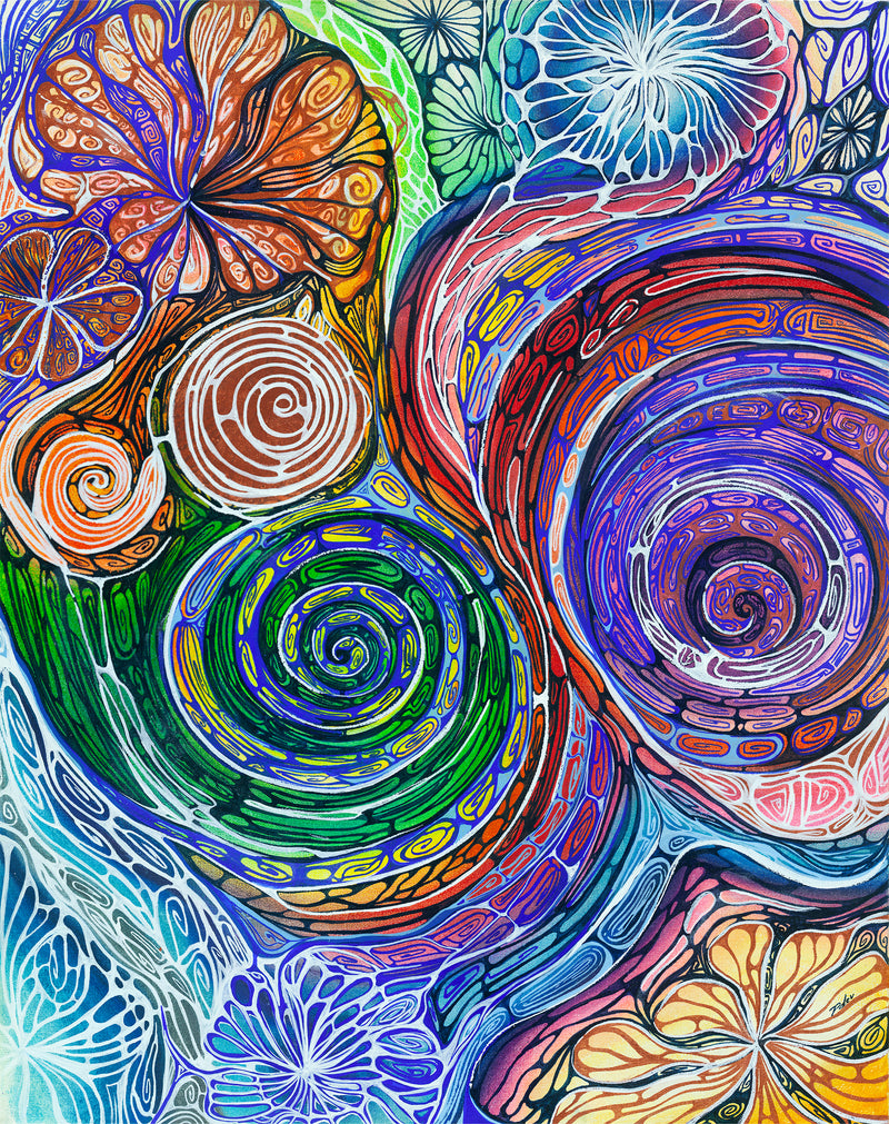 Colorful abstract artwork with swirling patterns and floral elements